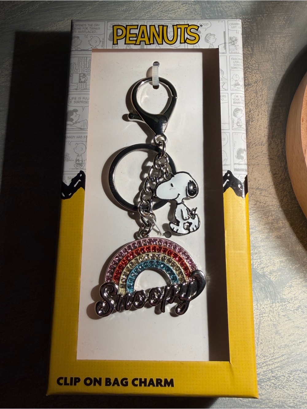 Peanuts Snoopy Rainbow Jeweled Clip On Bag Charm! New